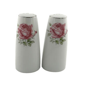 Rose Print Salt & Pepper Shaker Adult's 4" White/Silver Japan Pink Floral Rose